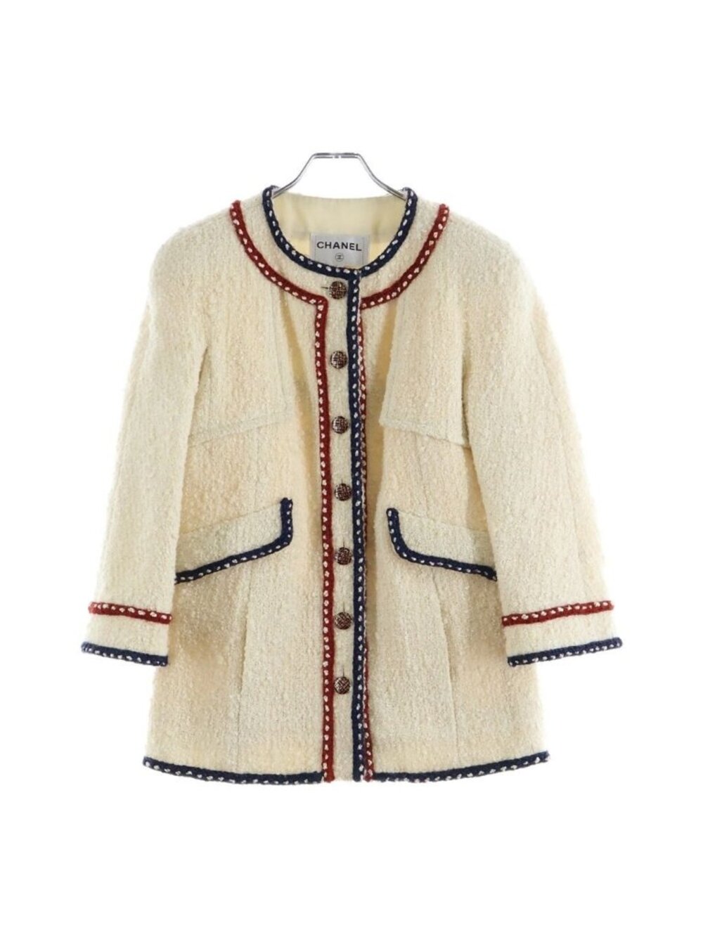 Chanel Tweed Collarless Long Jacket Ivory White Tricolor